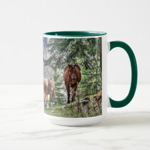 Zwei Pferde und Waldtiere Foto trinken Tasse