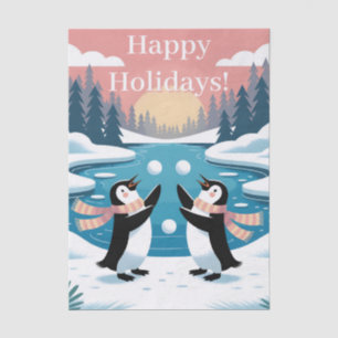 Zwei Pinguine jonglieren Schneebälle bei einem Win Seidenpapier
