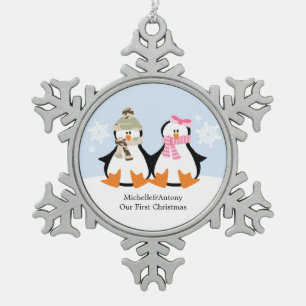 Zwei Pinguine Militär Weihnachten Schneeflocken Zinn-Ornament