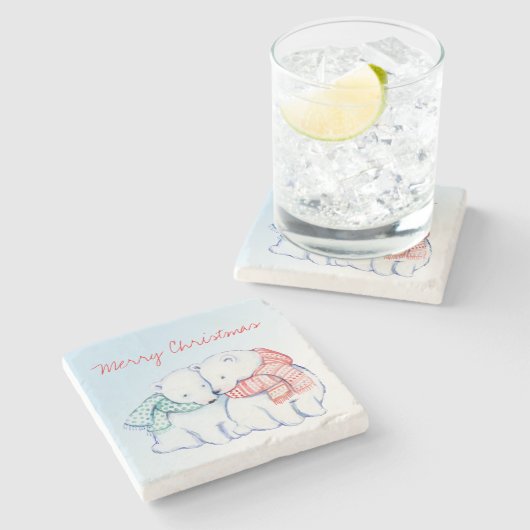 Zwei polare Bärn-frohe Weihnacht-Untersetzer Steinuntersetzer (Seitenansicht)