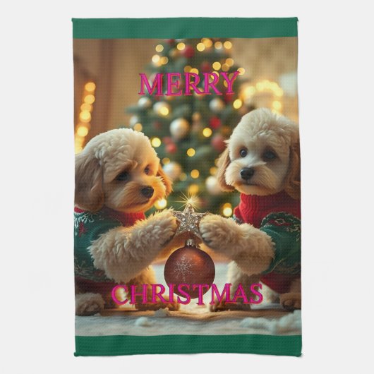 ZWEI POODLES FEIERN CHRISTMAS GESCHIRRTUCH (Vertikal)