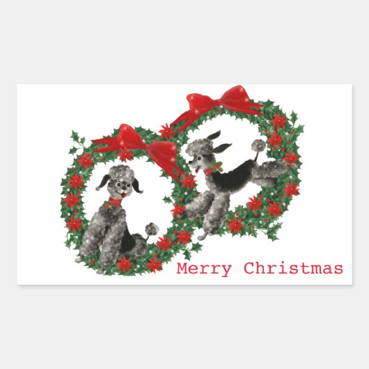 Zwei Poodles in Poinsettia-Kämpfen Rechteckiger Aufkleber (Vorderseite)
