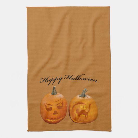 Zwei Pumpkins glückliches Halloween Geschirrtuch (Vertikal)