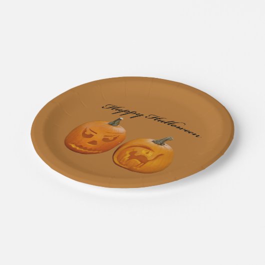 Zwei Pumpkins glückliches Halloween Pappteller (Schrägansicht)