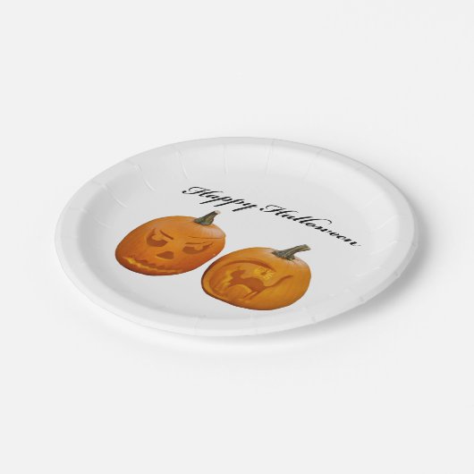 Zwei Pumpkins glückliches Halloween Pappteller (Schrägansicht)