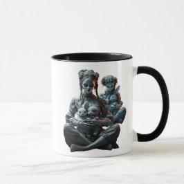 Zwei Puppen umarmten ihre süßen Hasen. Tasse