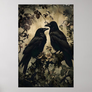 Zwei Raben im düsteren floralen Wald Druckbar, Krä Poster