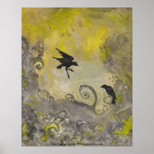 Zwei Ravens auf dem Smokey Yellow Abstrakt Art Pos Poster