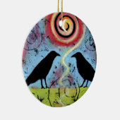 Zwei Ravens setzen sich und reflektieren Whimsical Keramik Ornament (Rechts)