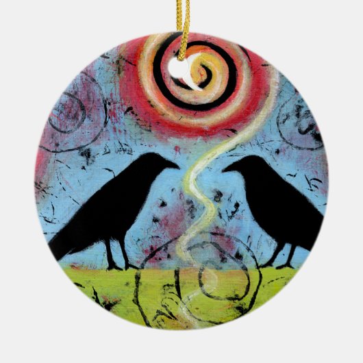 Zwei Ravens setzen sich und reflektieren Whimsical Keramik Ornament (Vorne)