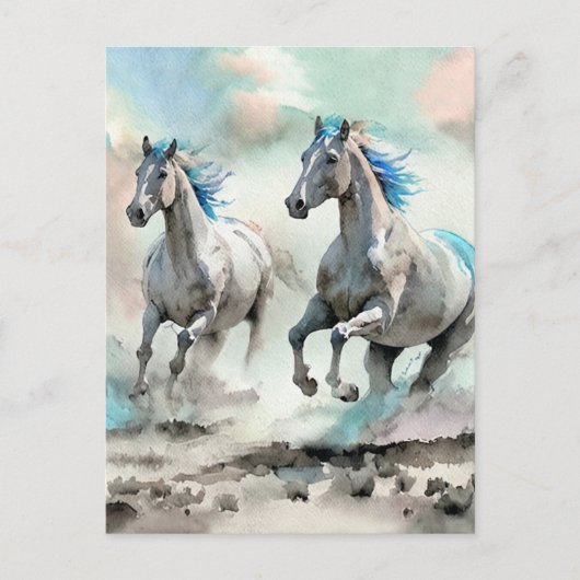Zwei Rennen Wildpferde Wasserfarbe Postkarte (Vorderseite)
