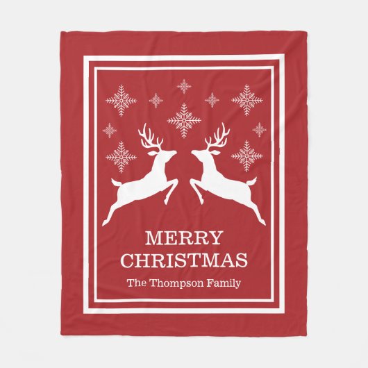 Zwei Rentiere und Schneeflocken frohe Weihnachten Fleecedecke (Vorderseite)