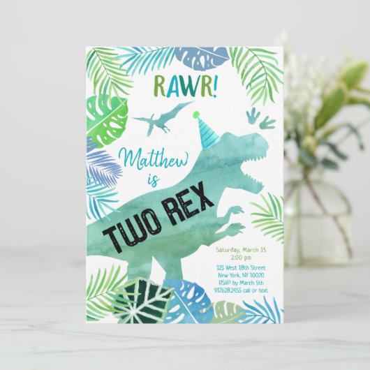 Zwei Rex Dinosaurier Grüne Geburtstag Einladung (Stehend Vorderseite)