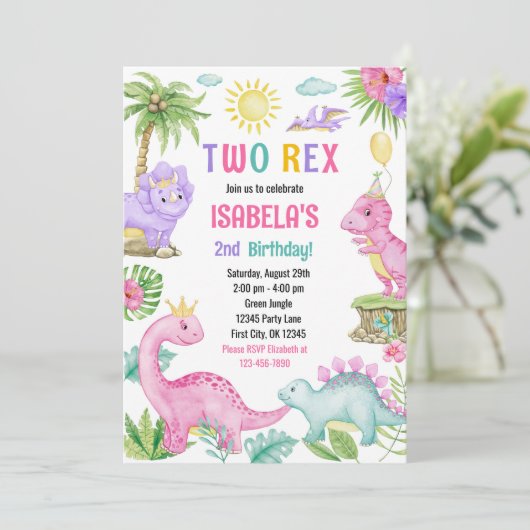 Zwei Rex Dinosaurier zum Geburtstag Einladung (Stehend Vorderseite)