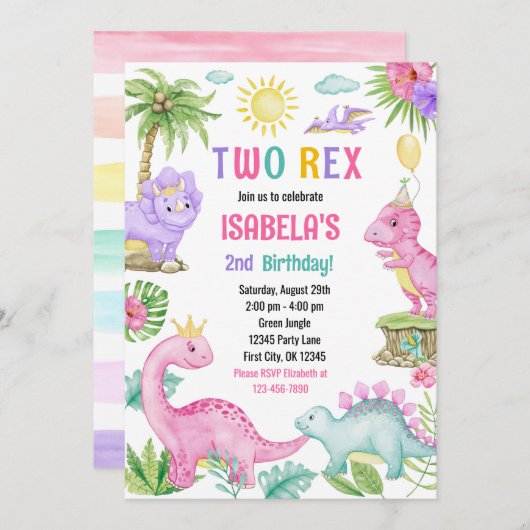 Zwei Rex Dinosaurier zum Geburtstag Einladung (Vorne/Hinten)