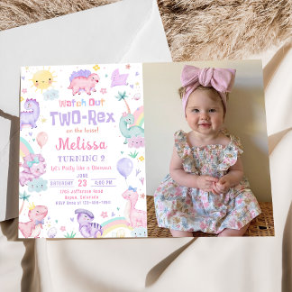 Zwei Rex Pink Dinosaurier 2. Geburtstag Party Foto Einladung