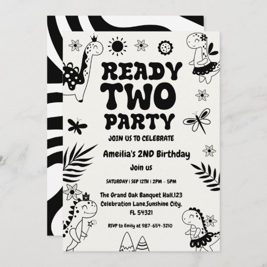 Zwei Rex Ready Dinosaurier, Mädchen zweite Geburts Einladung (Vorne/Hinten)