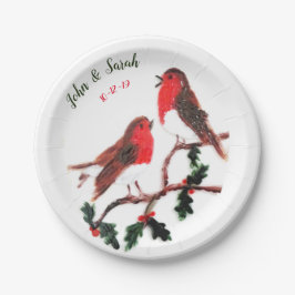 Zwei Robin Birds Winter Holly Wedding Pappteller