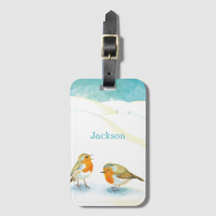 Zwei Robins im Winter Personalisiert Gepäckanhänger