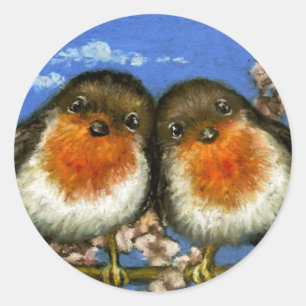 Zwei Robins singen Liebe-Songs in Kirschblüte Runder Aufkleber