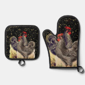 Zwei Roosters Black Gold Stars Ofenhandschuh & Topflappen-Set (Vorderseite)
