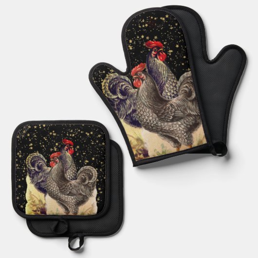 Zwei Roosters Black Gold Stars Ofenhandschuh & Topflappen-Set (Vorderseite/Rückseite)