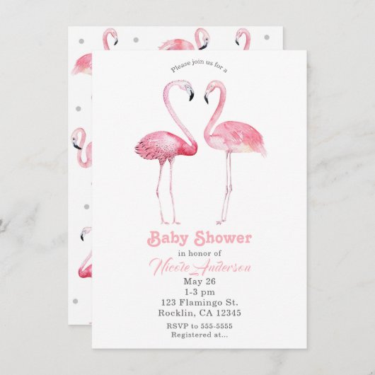 Zwei rosa Flamingos Flamingo Tropical Baby Dusche Einladung (Vorne/Hinten)