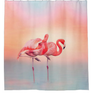 zwei rosa Flamingos im Wasser bei Sonnenuntergang, Duschvorhang