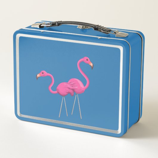 Zwei rosa Flamingos stehend Metall Lunch Box (Rückseite)