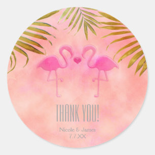 Zwei rosa Flamingos Wasserfarbe Hochzeitsaufkleber Runder Aufkleber
