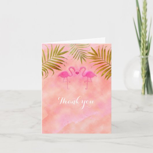 Zwei rosa Flamingos Watercolor Beach Wedding Card Dankeskarte (Vorderseite)