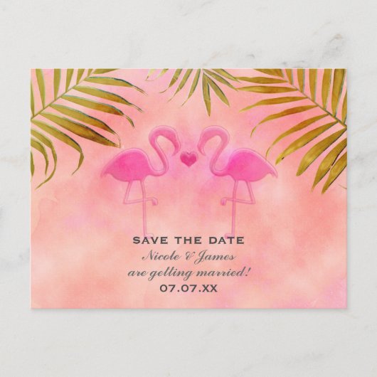 Zwei rosa Flamingos Watercolor Save the Date Karte (Vorderseite)