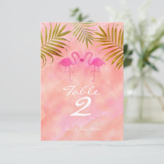 Zwei rosa Flamingos Watercolor Tischnummer Card (Stehend Vorderseite)