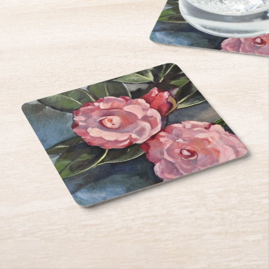 Zwei rosa Kamelien Rechteckiger Pappuntersetzer (angewinkelt)