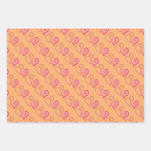 Zwei rosa Orangefarbenes Herz-Muster Geschenkpapier Set (Vorderseite 2)