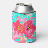 Zwei Rosy Red Coral Pum Crazy Hibiskus auf Aqua Dosenkühler (Kanne Rückseite)