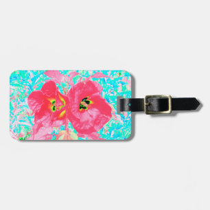 Zwei Rosy Red Coral Pum Crazy Hibiskus auf Aqua Gepäckanhänger