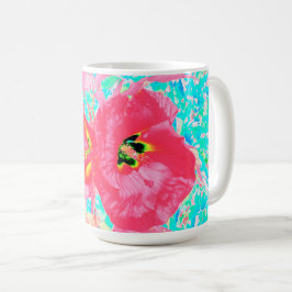 Zwei Rosy Red Coral Pum Crazy Hibiskus auf Aqua Kaffeetasse