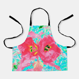 Zwei Rosy Red Coral Pum Crazy Hibiskus auf Aqua Schürze