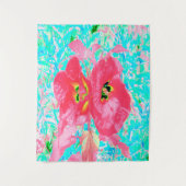 Zwei Rosy Red Coral Pum Crazy Hibiskus auf Aqua Wandteppich (Vorderseite)