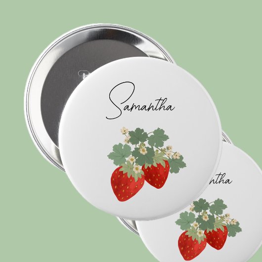 Zwei rote Erdbeeren mit Blättern & Blüten | Obst Button