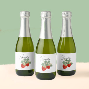 Zwei rote Erdbeeren mit Blättern & Blüten Obst Schaumweinetikett