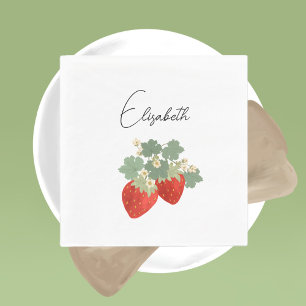 Zwei rote Erdbeeren mit Blättern & Blüten Obst Serviette