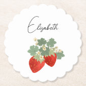 Zwei rote Erdbeeren mit Blättern & Blüten | Obst Untersetzer (Vorderseite)