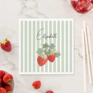 Zwei rote Erdbeeren Streifen & Blumen   Obst Serviette