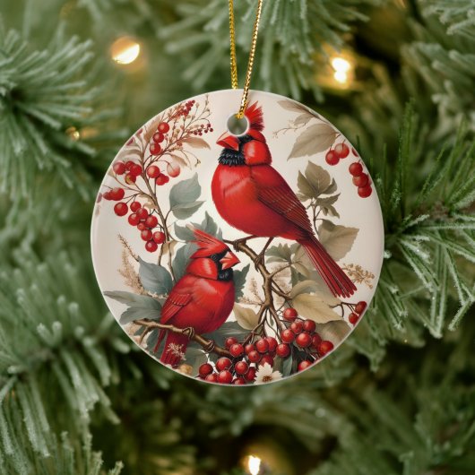Zwei Rote Kardinal - Vögel und Beeren Keramik Ornament (Baum)