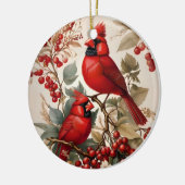 Zwei Rote Kardinal - Vögel und Beeren Keramik Ornament (Links)