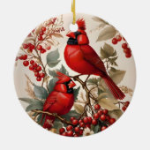 Zwei Rote Kardinal - Vögel und Beeren Keramik Ornament (Hinten)