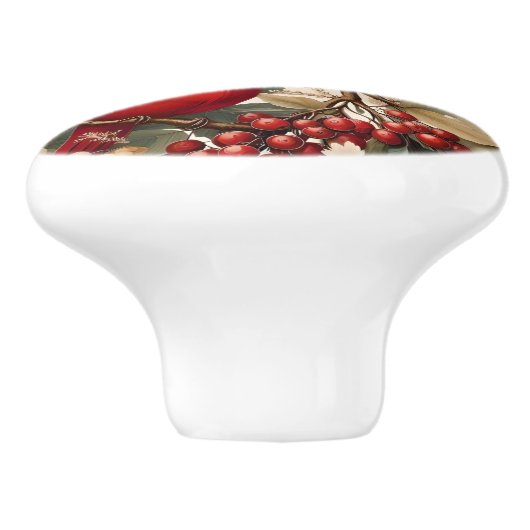 Zwei Rote Kardinal - Vögel und Beeren Keramikknauf (Seitenansicht)