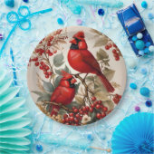 Zwei Rote Kardinal - Vögel und Beeren Pappteller (Party)
